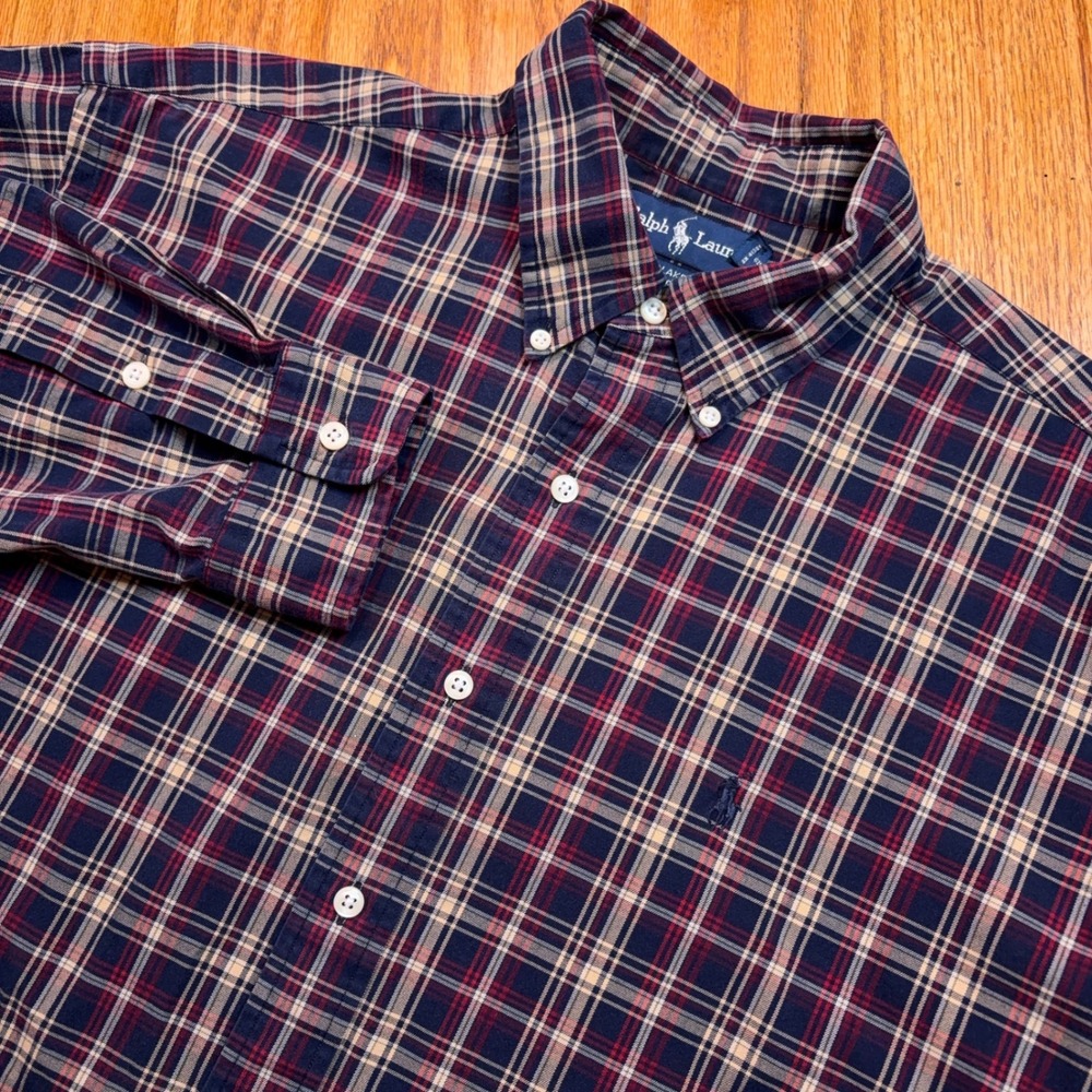 Polo Ralph Lauren Blake Shirt Mens L Navy Blue Plaid Long Sleeve Button Down